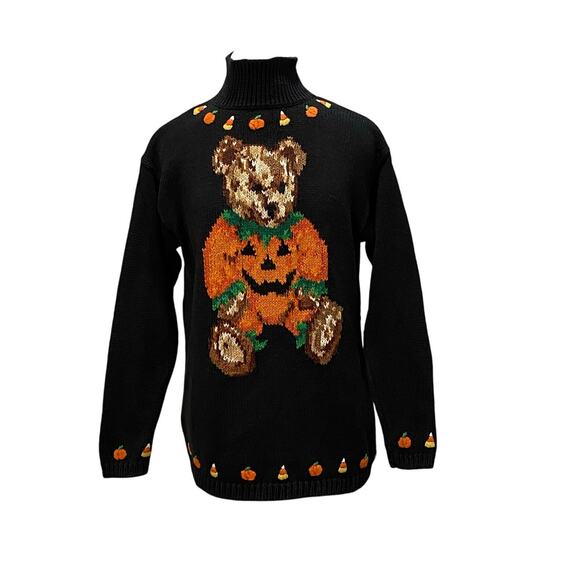 VINTAGE 90s The Eagles Eye Teddy Bear Jack O'Lantern Sweater SMALL Halloween EUC - Picture 1 of 6